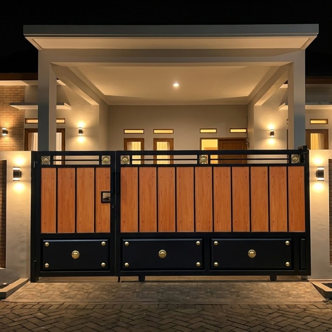 Pagar besi panel GRC woodplank serat kayu rapat