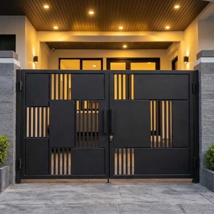 Pagar minimalis hitam bilah staggered