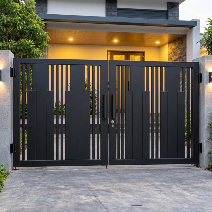Pagar minimalis hitam vertikal harmonis