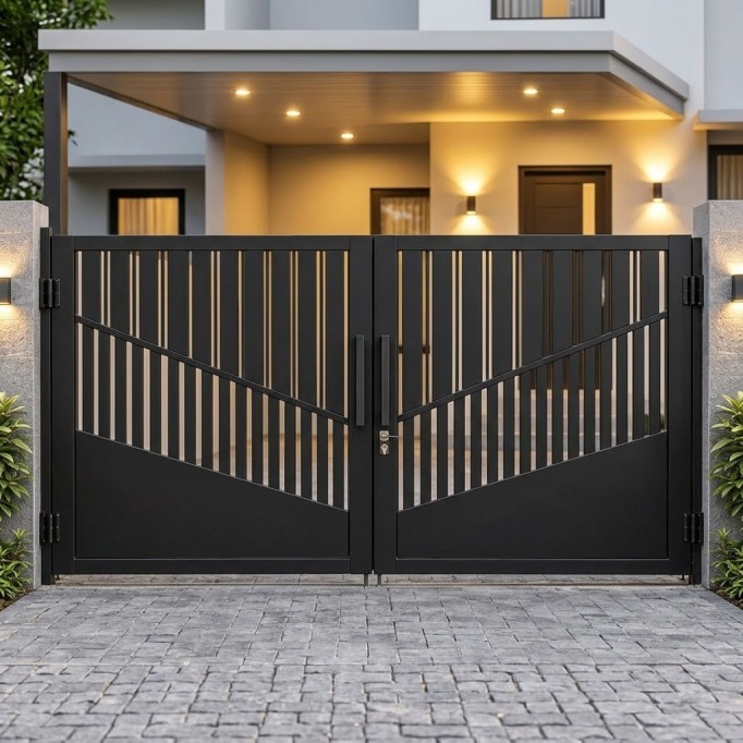 Pagar minimalis hitam motif chevron panah