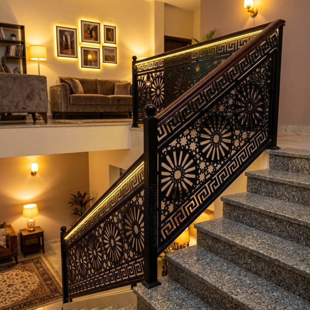 Railing tangga plat cutting hitam floral klasik