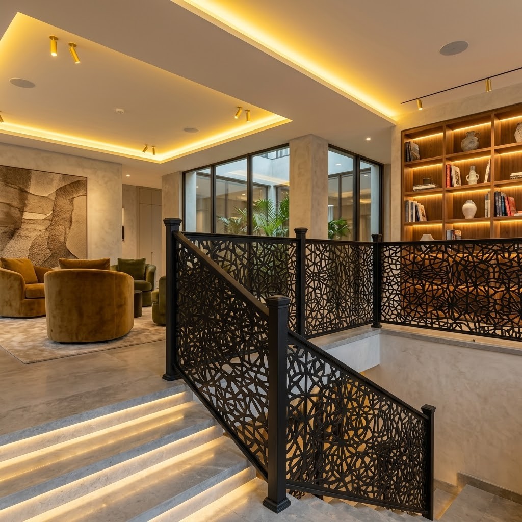 Railing tangga interior warm gold